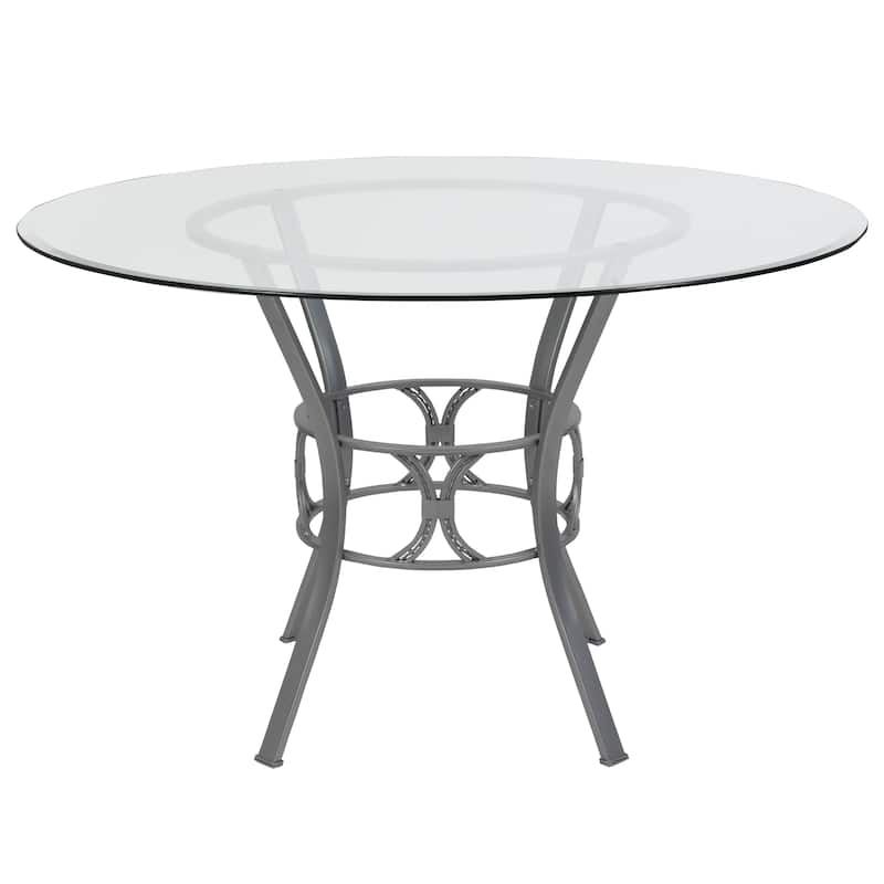48'' Round Glass Dining Table with Crescent Style Metal Frame - 48"W x 48"D x 29.5"H - 48"W x 48"D x 29.5"H