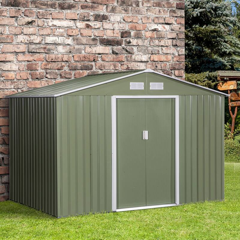 Outsunny 9' x 6' Outdoor Backyard Garden Tool Shed with Double Sliding Doors, 4 Airy Vents, & Durable Steel - White
