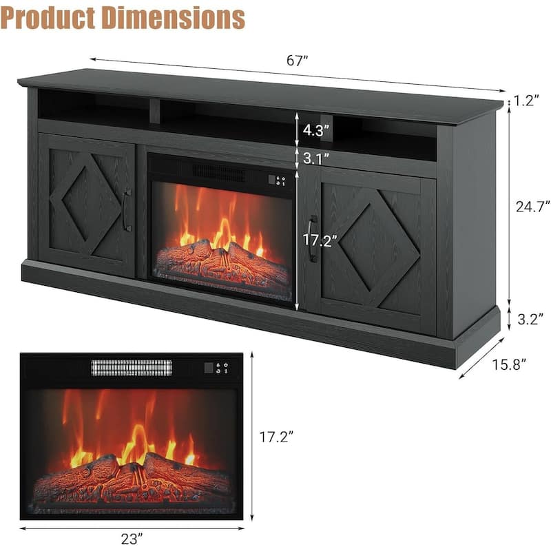 TV Stand For TVs Up To 65" With 23" Electric Fireplace Included, 3D Flame