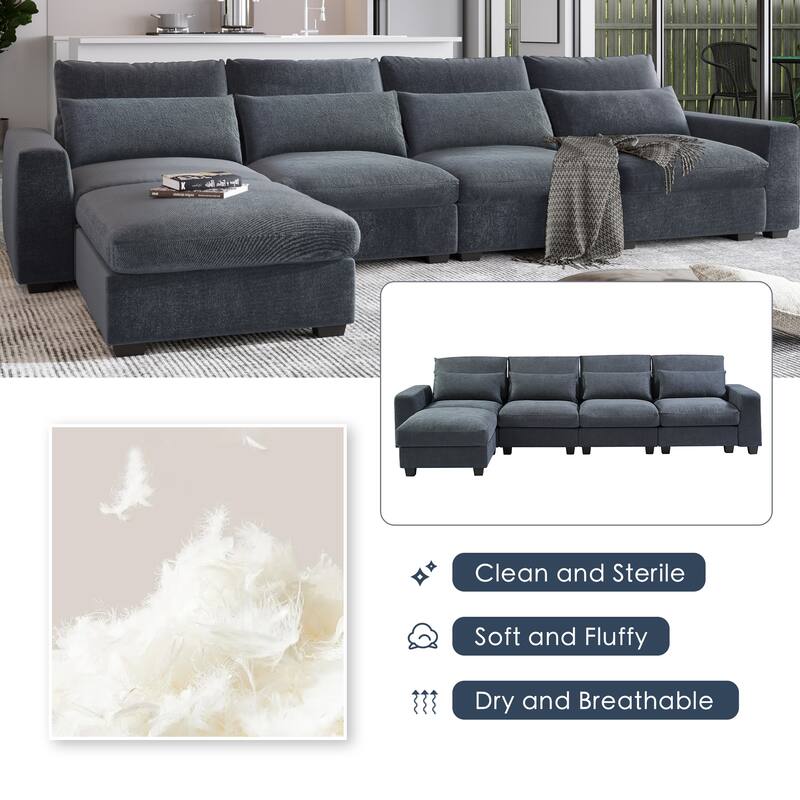 129.9" Chenille L-Shape Sectional Sofa with Reversible Chaise, Feather-Filled Cushions and Spring Support