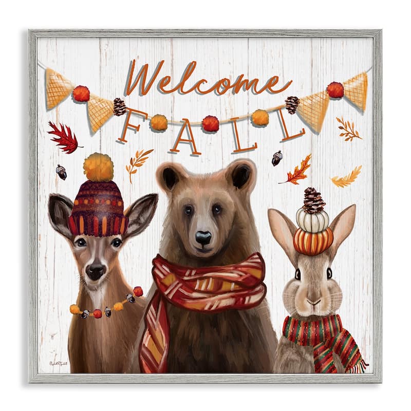 Stupell Welcome Fall Woodland Animals Framed Giclee Art Design By Elizabeth Tyndall - 24 x 24 - Grey