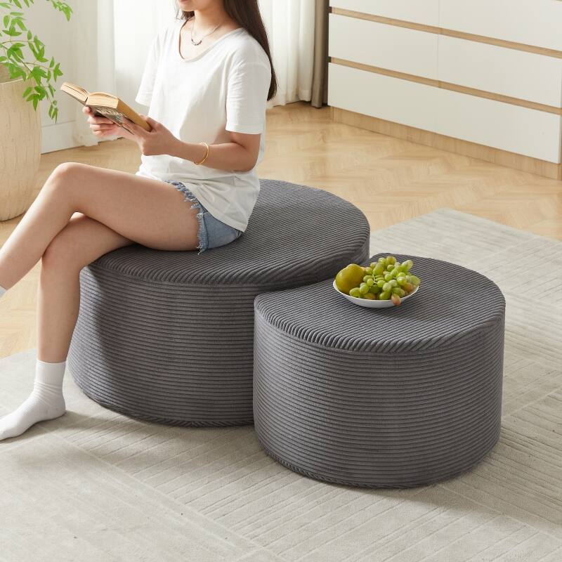 Roomfitters Nesting Ottoman Coffee Table Set of 2, Upholstered Round Foam Tables for Living Room