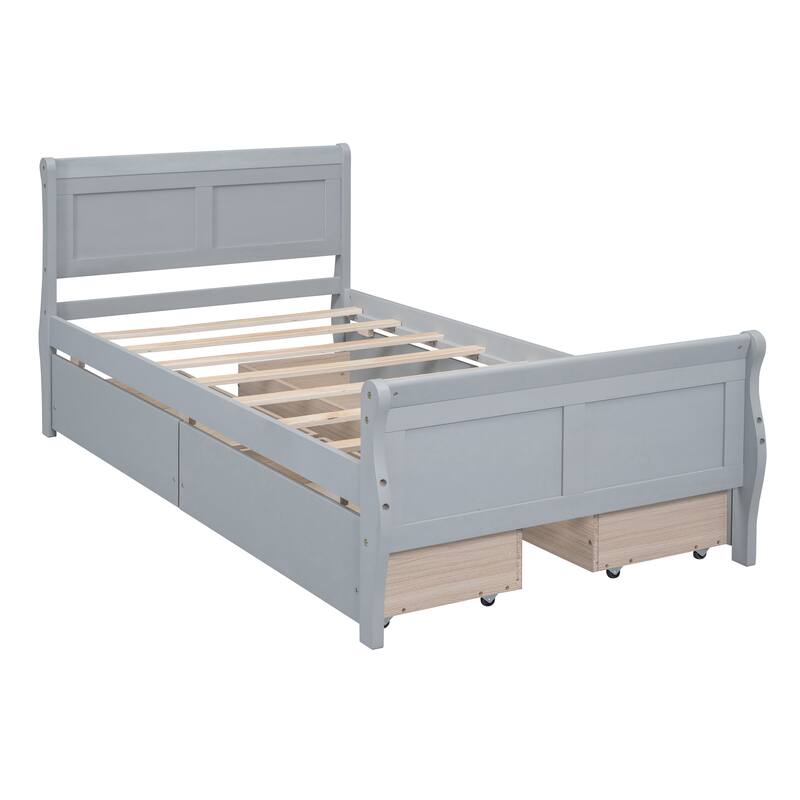 Wood Platform Bed with 4 Drawers and Streamlined Headboard & Footboard