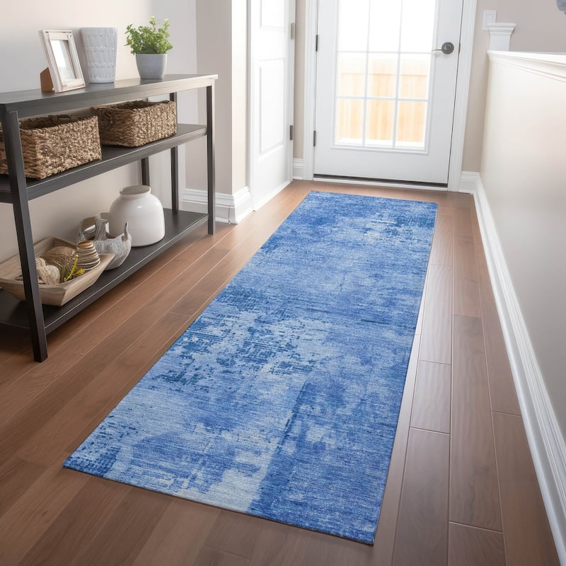 Machine Washable Indoor/ Outdoor Abstract Modern Chantille Rug - Navy - 2'3" x 7'6"