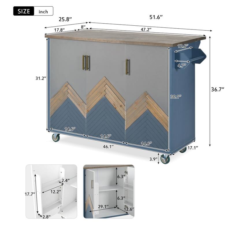 Retro MDF Kitchen Island on Wheels with Drop Leaf and Towel Rack