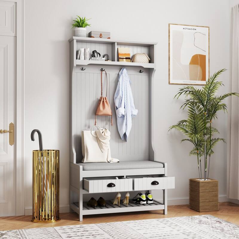 3-in-1 Hallway Hall Tree with 2 Storage Drawers, 4 Coat Hooks, Padded Bench Cushion, Entryway Shoe Rack with Top Shelves