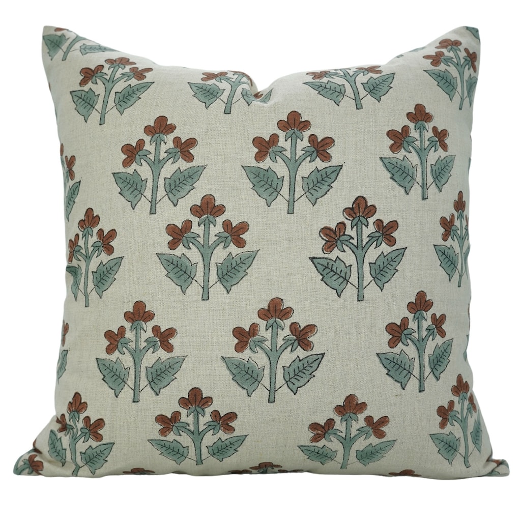 Fabdivine Hand Block Floral Brown Soft Pure Linen Farmhouse Décor Cushion, Chahat