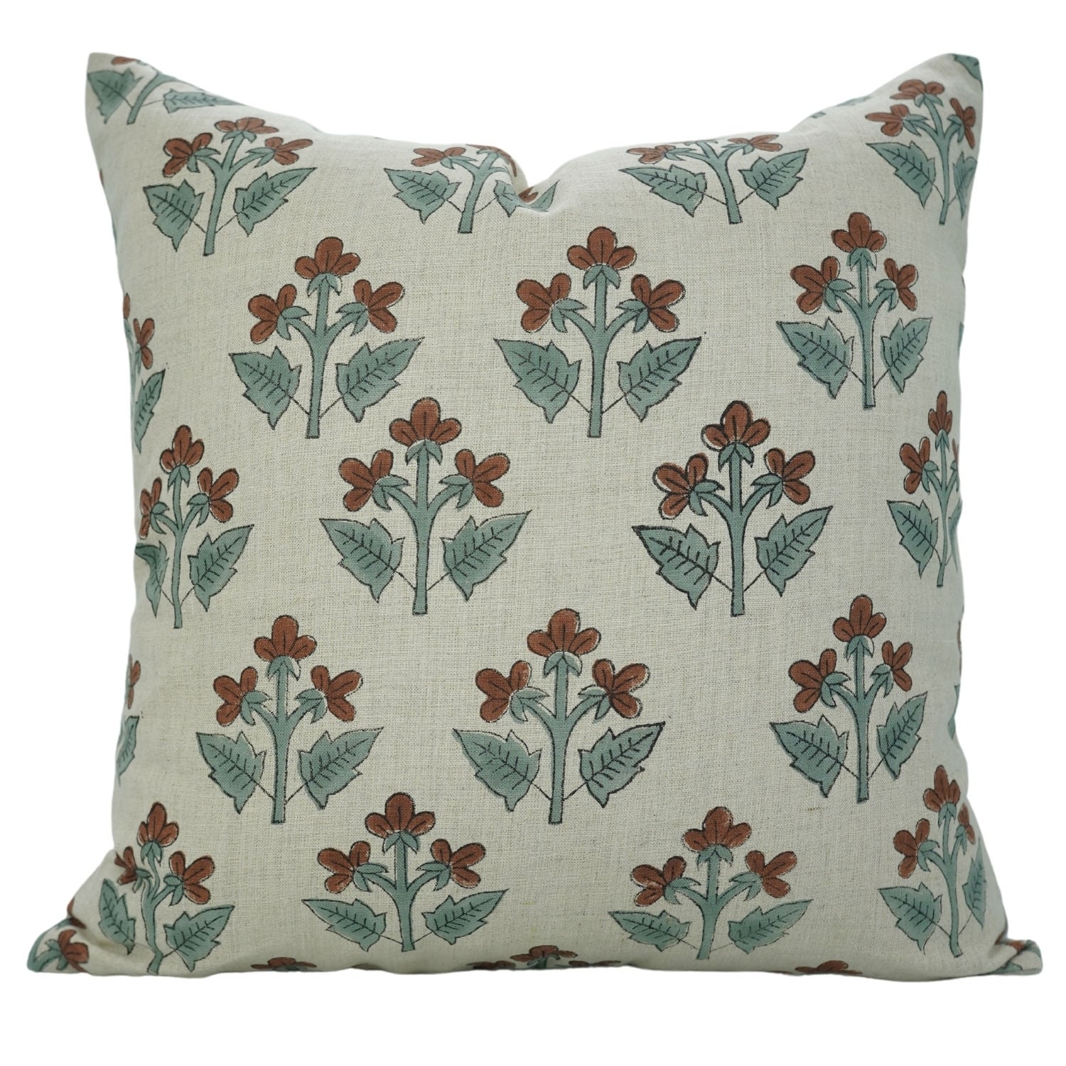 Fabdivine Hand Block Floral Brown Soft Pure Linen Farmhouse Décor Cushion, Chahat