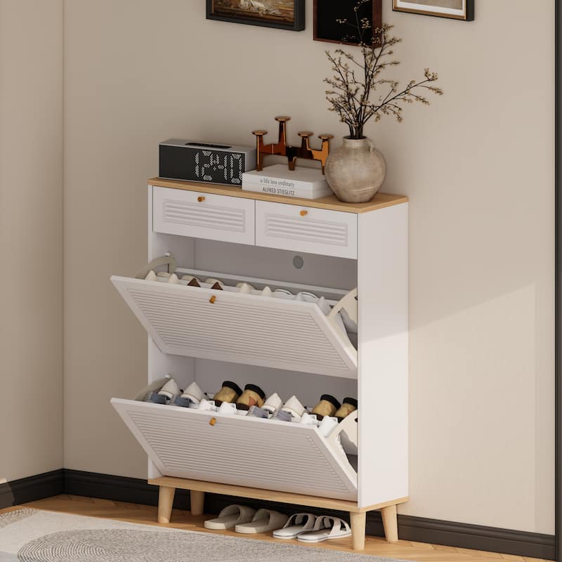 16-Pair Entryway Shoe Cabinet, 2 Flip Doors and Drawers in White
