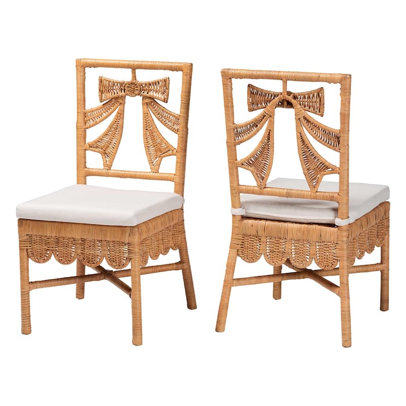 Abia Natural Rattan Dining Chair - Handwoven Wicker Accent Side Chair with Bow and Ribbon Design, Artisanal Seating - Light Honey