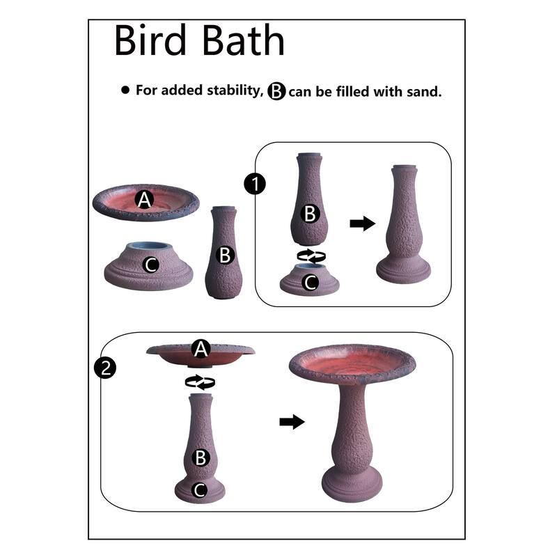 24"H Fiber Clay Birdbaths, 19"D x 24"H, 21"H base, 8lbs.
