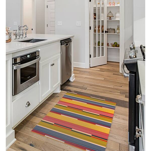RETRO COLOR BLOCK STRIPE RED AND GOLD Kitchen Mat By Becky Bailey Bed