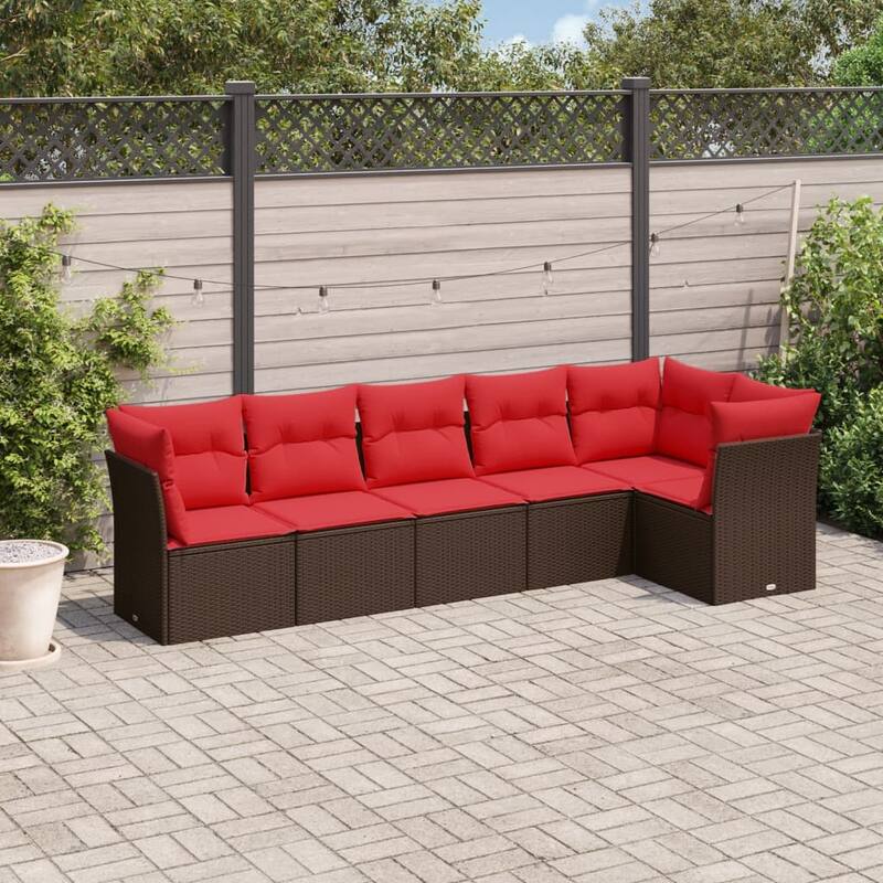 vidaXL 6/7 Piece Patio Sofa Set with Cushions Brown/Gray Poly Rattan - 21.7 x 24.4 x 27.2 - Brown and red Without table