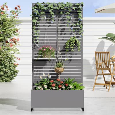 Metal Movable Planter Box with Trellis Privacy Screen Planter Box with Lockable Wheels - 72"x35"