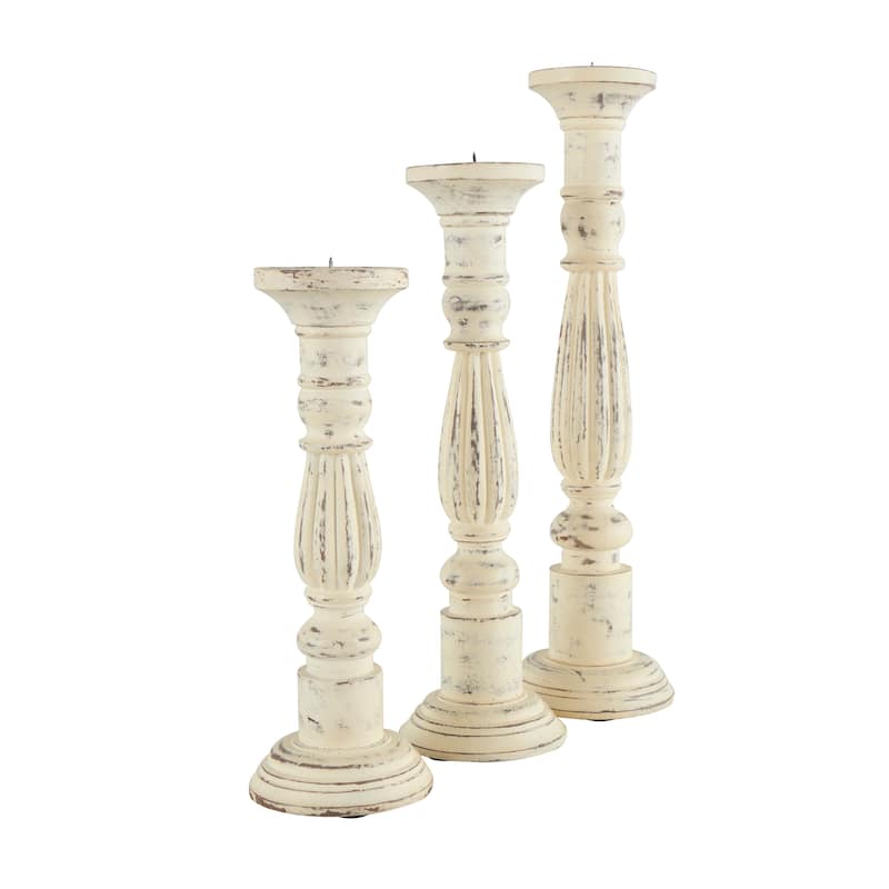 Mango Wood Candle Holder - Set of 3 White - Roche River Decor - 6"W x 6"L x 21"H
