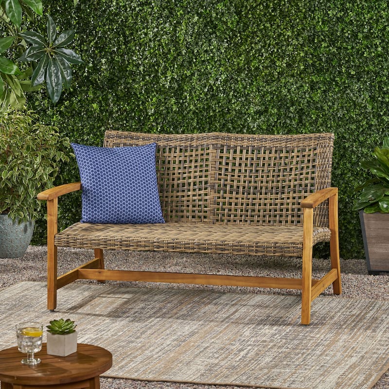 Outdoor Acacia Wood Loveseat Sofa Rattan Wicker 2 Seater Sofa Couch