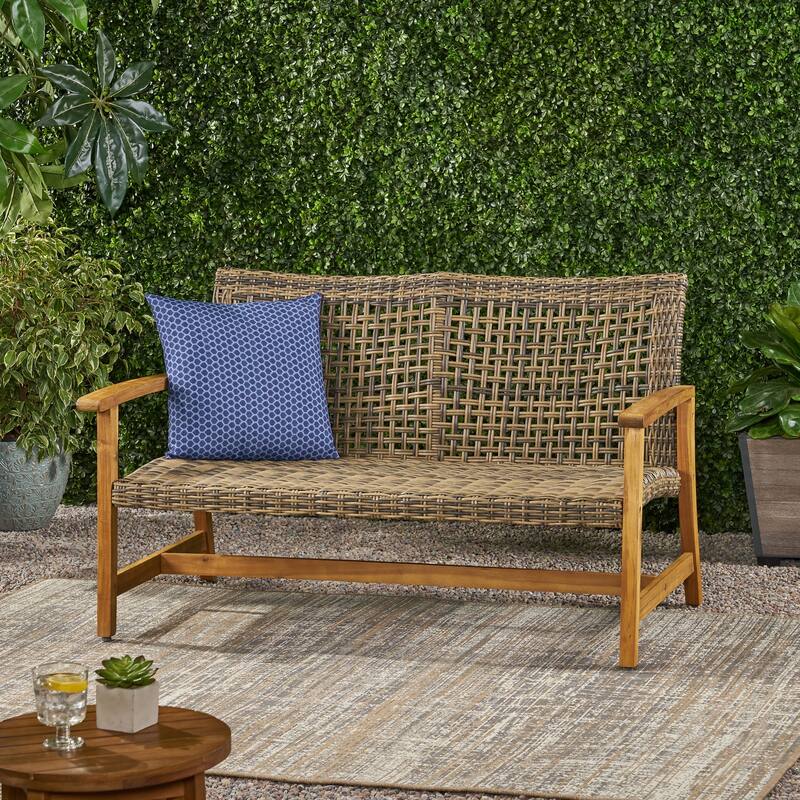Outdoor Wicker Loveseat with Wood Frame for Patio