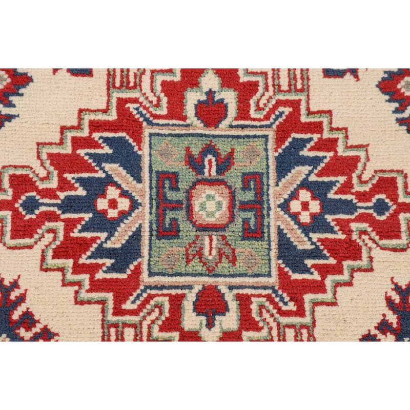 Ivory / Beige Geometric Kazak Oriental Accent Rug Handmade Wool Carpet - 3'6" x 5'1"