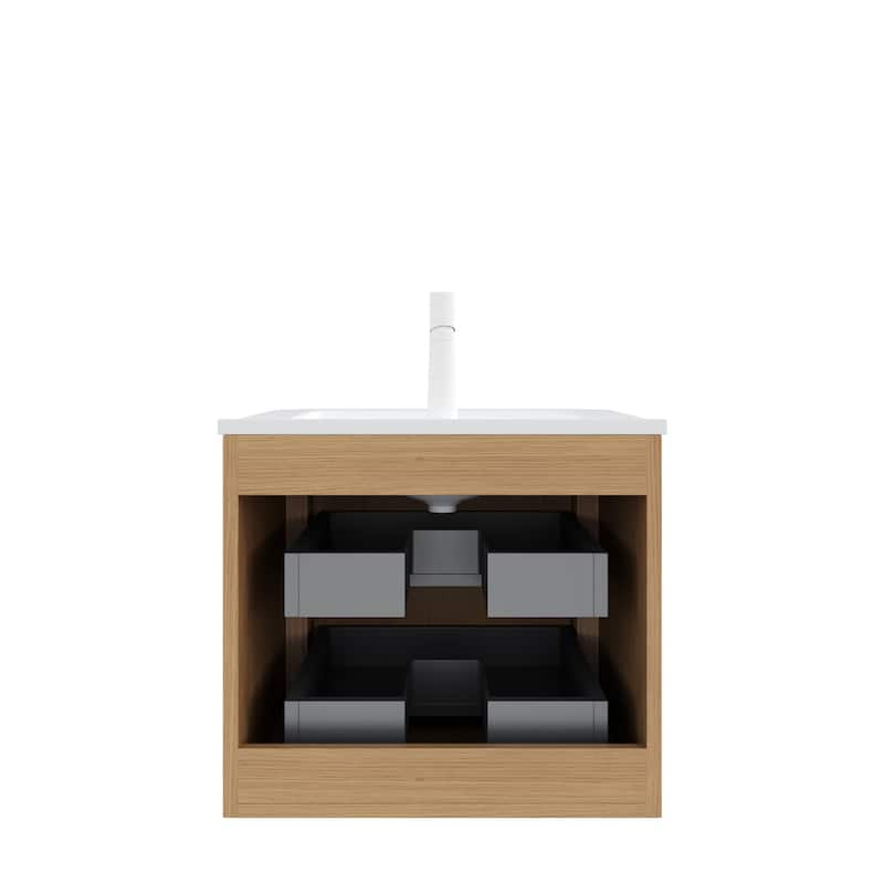 24" Bathroom Vanity with Sink, Wall-Mounted Floating Plywood Striped Bathroom Storage Cabinet with 2 Drawers