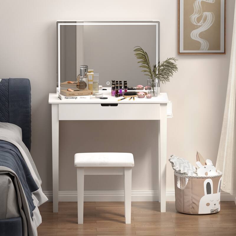 Classic White Makeup and Vanity Set with Stool, Drawers Makeup Mirror - White