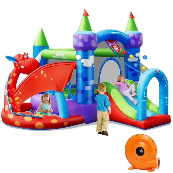 slide 2 of 10, Gymax Kids Inflatable Bounce House Dragon Jumping Slide Bouncer Castle Kids