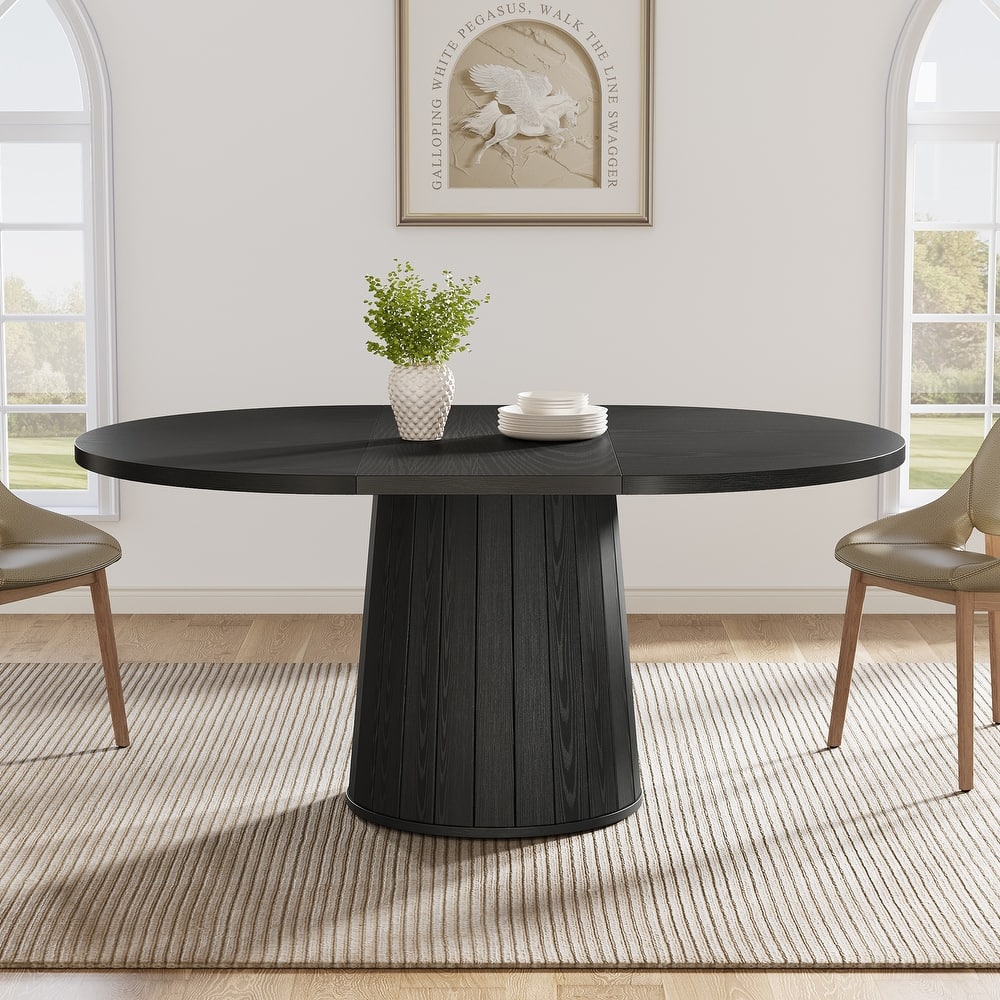 Brown Finish Manufactured Wood 6-Person Dining Table with Polygonal Cylinder Wooden Base - 55.11"L x 39.37"W x 29.92"H
