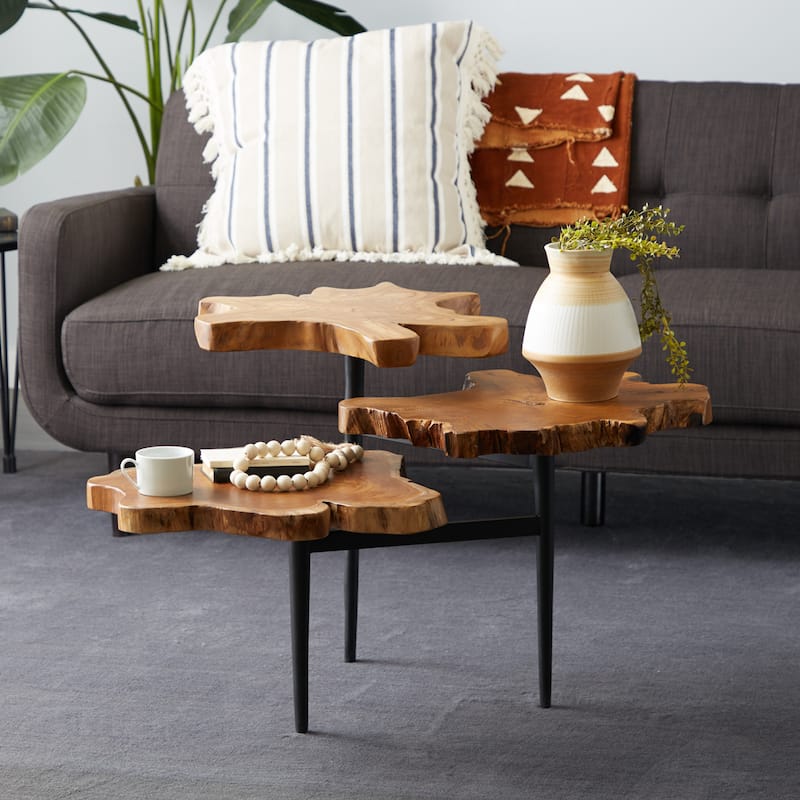 Teak Wood Handmade Live Edge 3 Tier Accent Table with Black Metal Base - Brown - Roche River Decor - 36"W x 34"L x 24"H