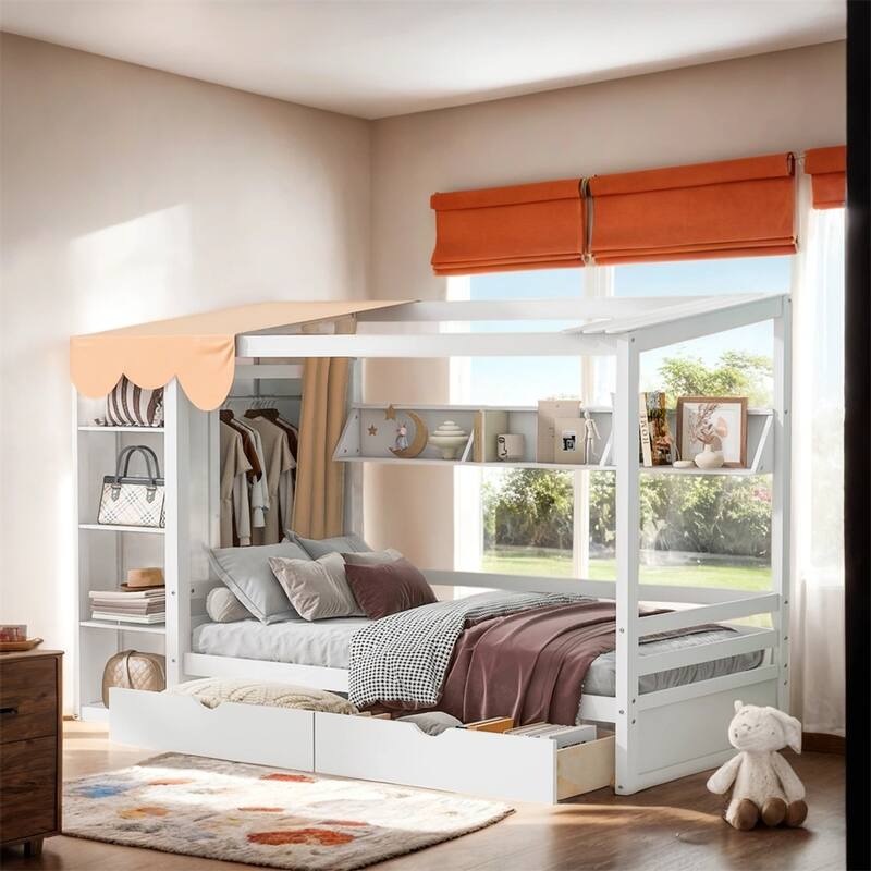 Twin size House Bed with Two Drawers and Wardrobe