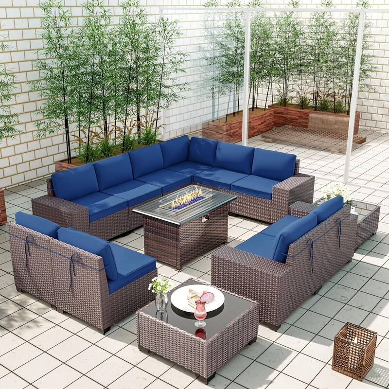 Delnavik 13 Pieces Outdoor Patio Furniture Set with Fire Pit Table w/ Wide Armrests
