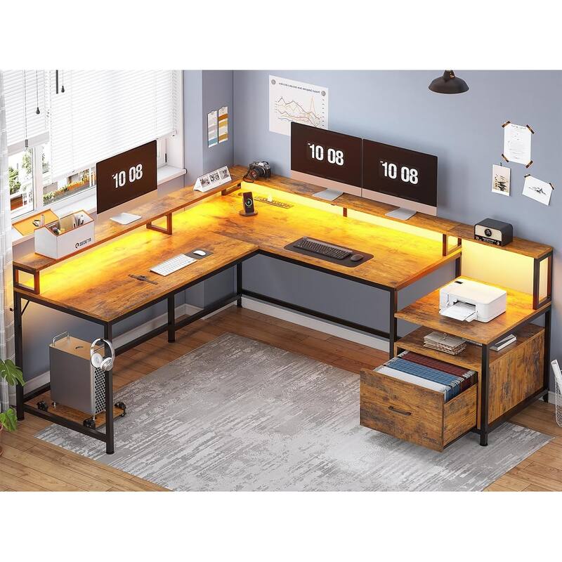 L Shaped Home Office Desk Computer desk File Drawer Power Outlet - Brown