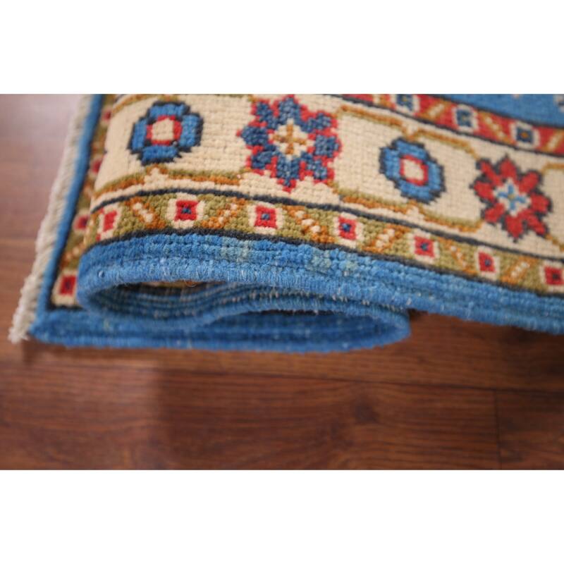 Blue Geometric Kazak Foyer Rug Hand-Knotted Wool Carpet - 2'0" x 2'11"