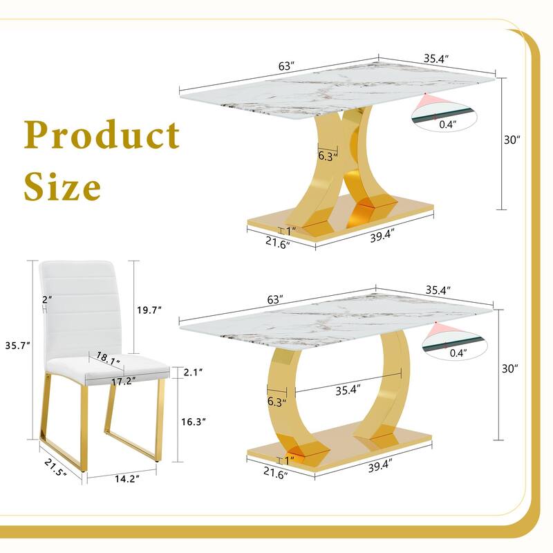5-Piece Marble Pattern Tempered Glass Dining Set, 63-Inch Table with 4 Minimalist Chairs, Modern Style