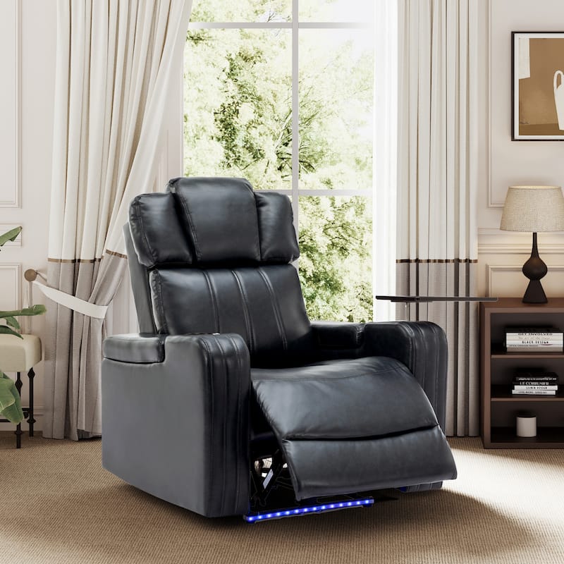 PU Leather Massage Chair with Cup Holder, Bluetooth Speaker and USB Ports Home Theater Recliner with Tray Table