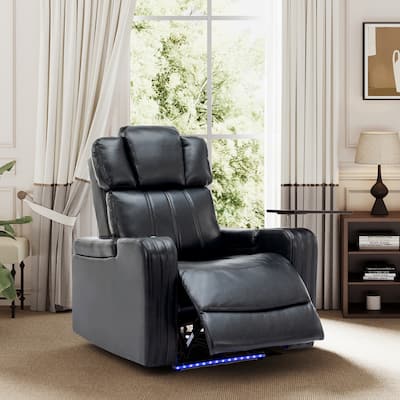 PU Leather Office Chair, Home Theater Recliner Chair with Cooling Cup Holder, Lounge Chair with Tray Table & USB Ports