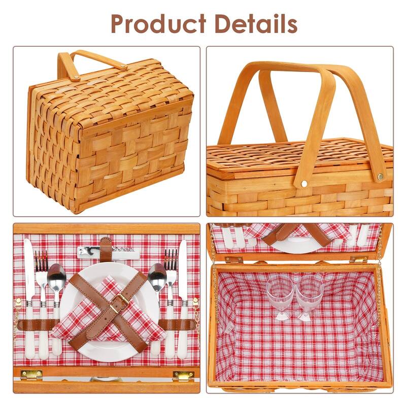 Picnic Basket Set for 2 Persons, Woven Woodchip Basket with Folding Handles & Lid, Red and White Gingham Lining Basket