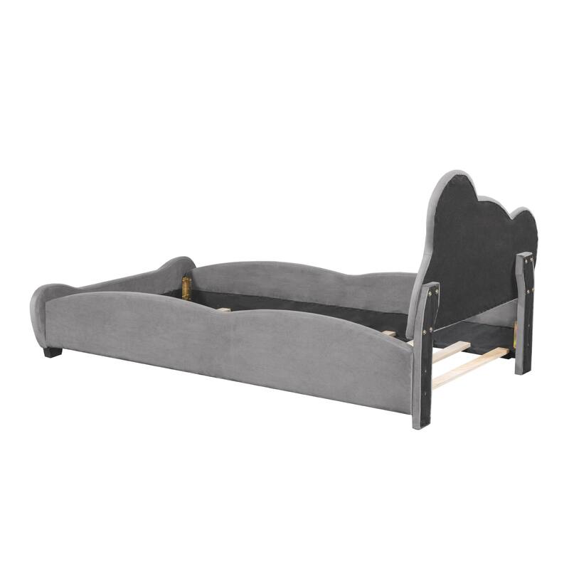 Velvet Platform Bed with Bear-Shaped Headboard and Bed-End Storage Pocket