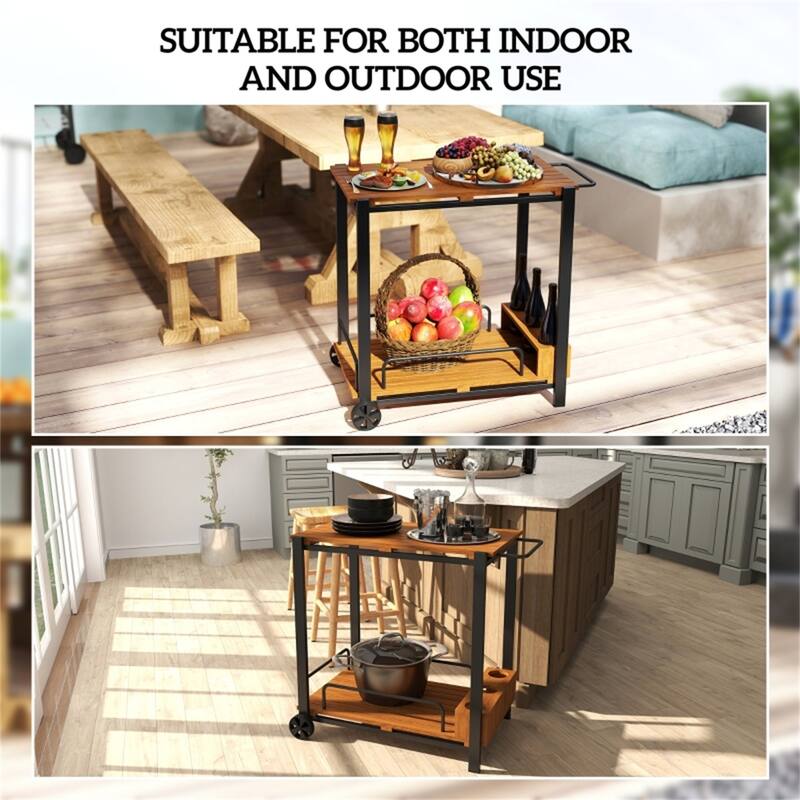 Teak Acacia Wood and Steel Outdoor Bar Cart with Two Tiers, Bottle Holders, Wheels, and Handle Mobile Serving Cart