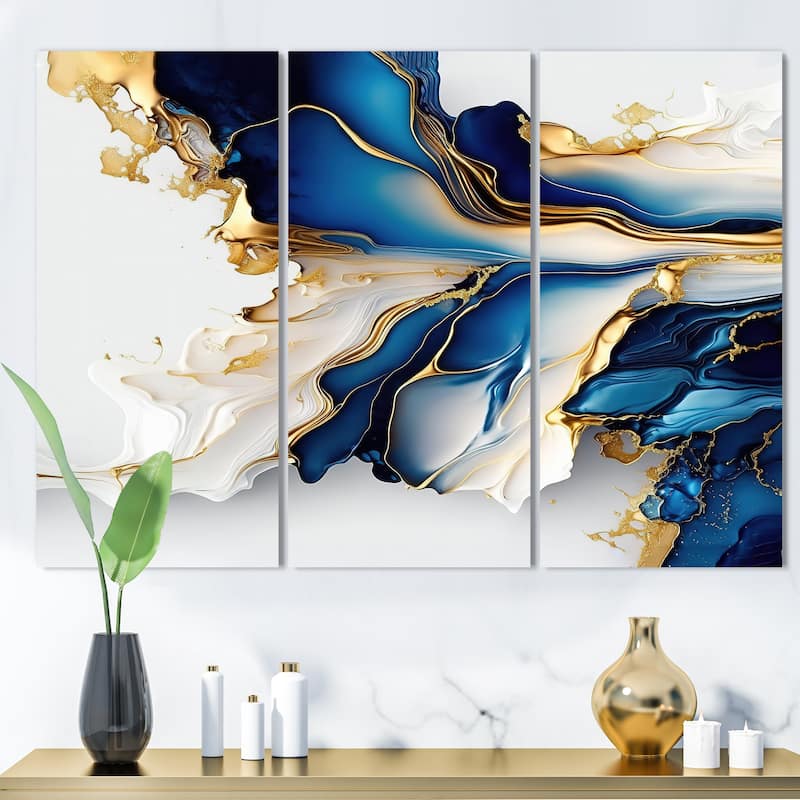Designart "Abstract Geode Gold And Blue Marble Shape III" Modern Geometric Canvas Art Print - 3 Panels
