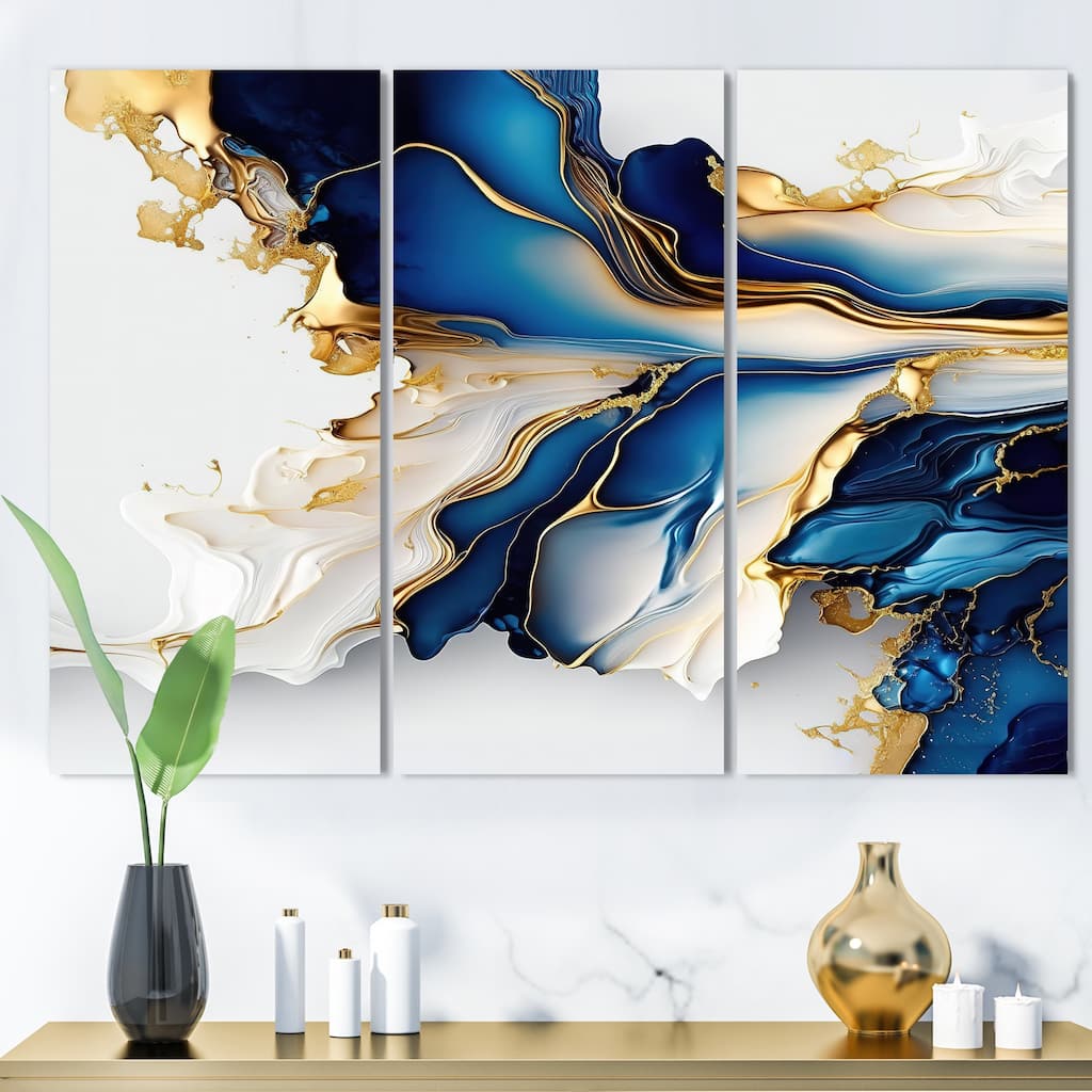 Designart "Abstract Geode Gold And Blue Marble Shape III" Modern Geometric Canvas Art Print - 3 Panels