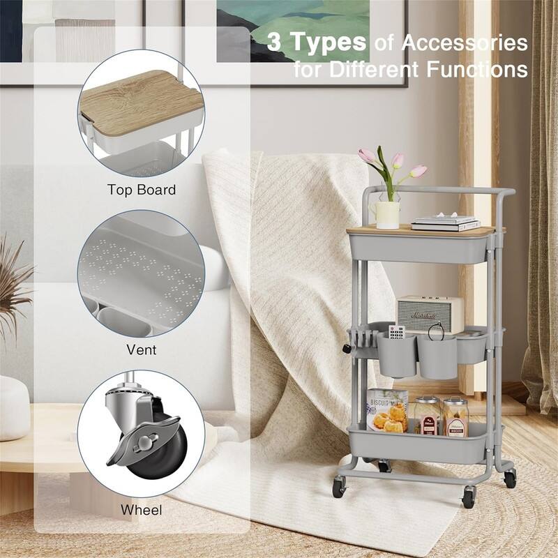 3 Tier Utility Rolling Cart - 15.6"D x 16.5"W x 35.4"H