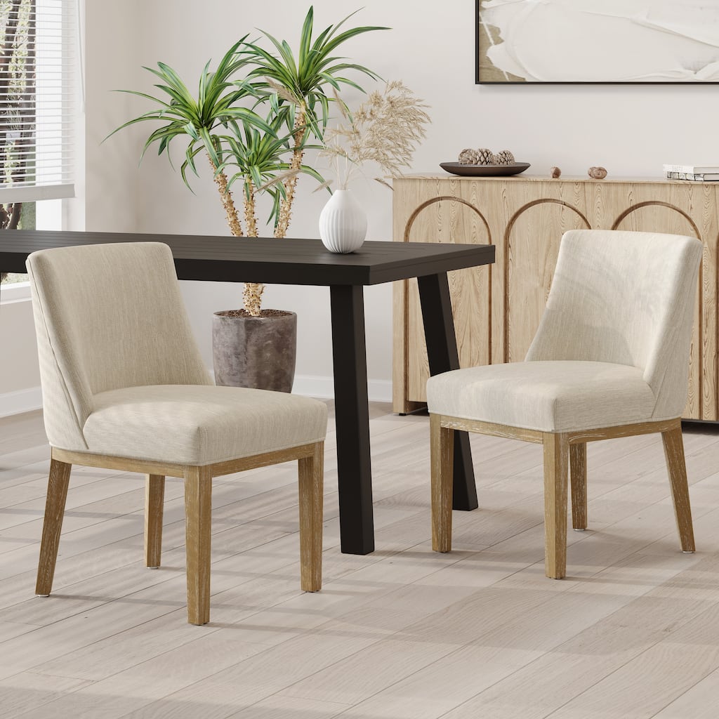 Fabric Upholstered Dining Chair with Rubberwood Legs, Beige Finish Kitchen Side Chairs for Kitchen, Dining Chairs Set of 2