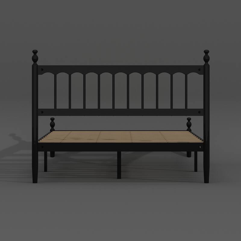 Solid Wood Bed Frame: Classic American - style Design with Black Finish and Rounded Post - tops