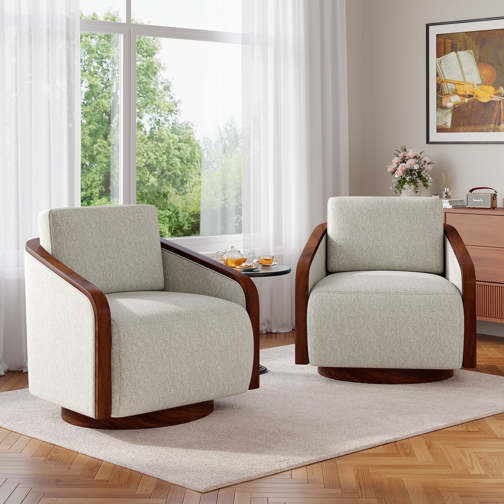 Set of 2 Modern 360° Swivel Accent Barrel Chairs with Wood Arms