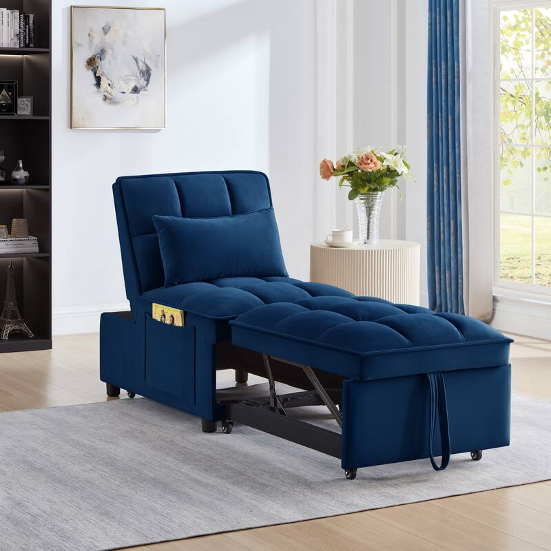 68.5" Velvet Folding Sofa Bed with Adjustable Back and Pillow - Navy
