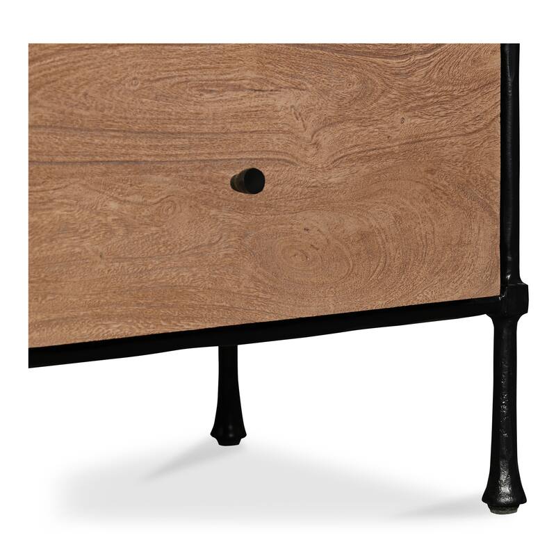NADAAL STUDIOS Valenor Nightstand, Solid Acacia Wood with Hammered Iron Base and Traditional Beveled Details, Brown