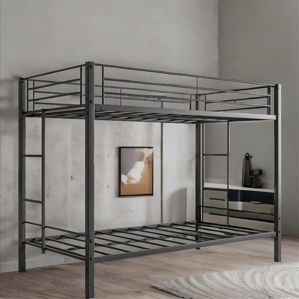 slide 2 of 6, Metal Heavy Duty Twin Bunk Bed with Slatted Support Black Black