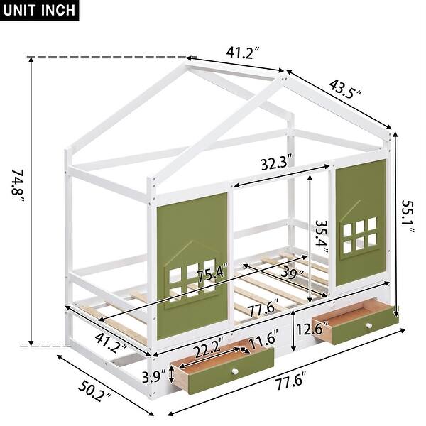 Charming Twin Size Wood House Bed with 2 Storage Drawers and Window Design