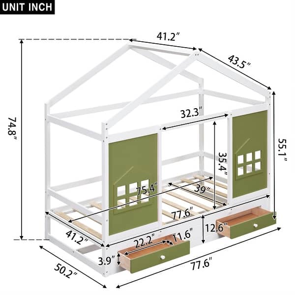 dimension image slide 1 of 2, Twin Size Wood House Bed with 2 Drawers and Window Decoration