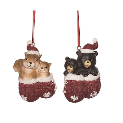 Transpac Resin Rustic Critter in Mitten Ornament Set of 2 Christmas Home Decorations