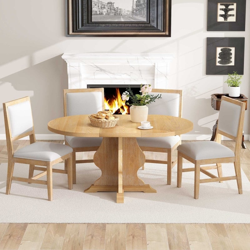Farmhouse 5-Piece Dining Table Set with Upholstered Chairs and Extendable Dining Table for Dining Room, Kitchen and Living Room